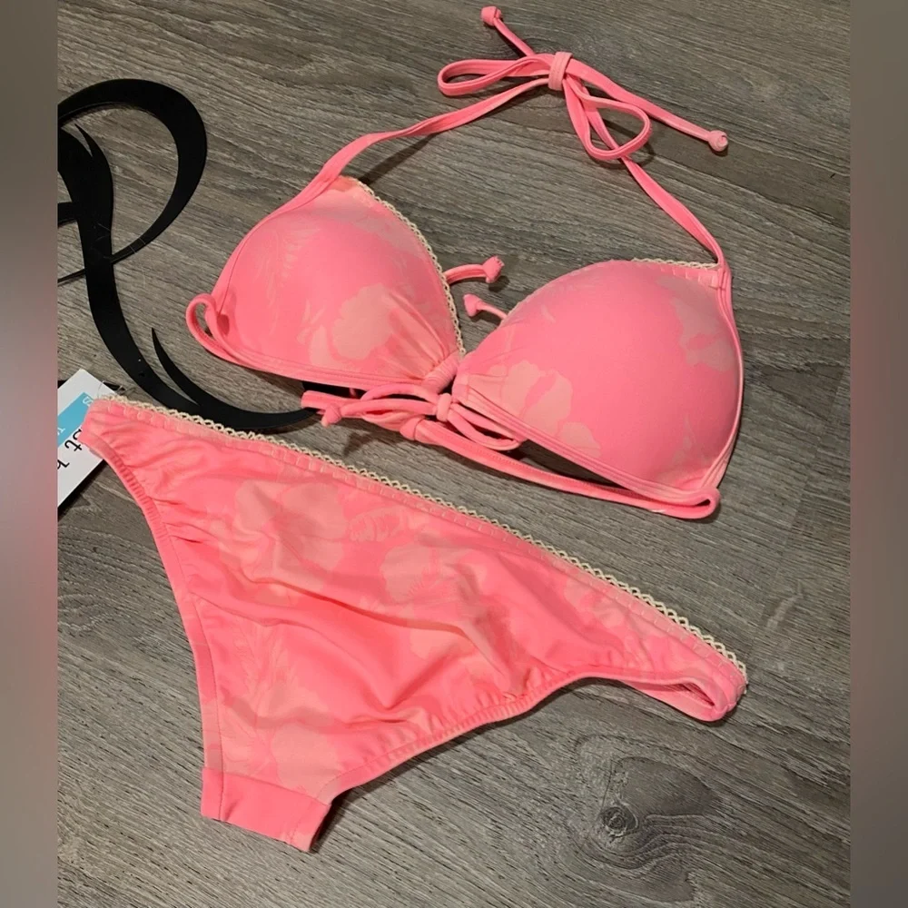 NWT Just Beach Pink Push Up Bikini Set Tropical Floral Cheeky Swim Medium